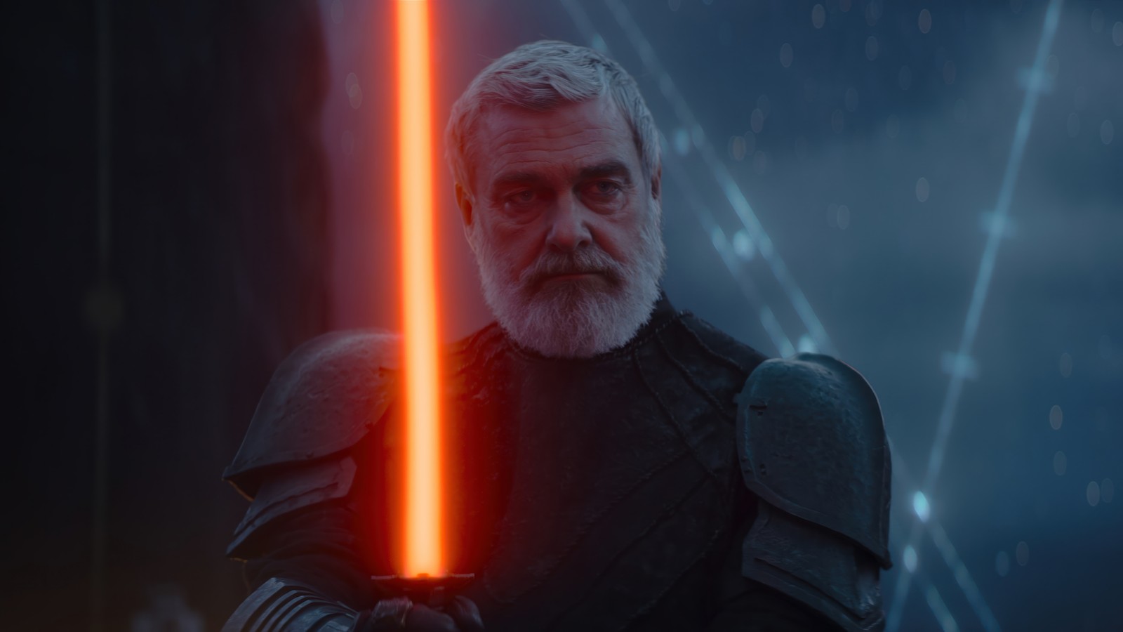 Un homme avec une barbe blanche et un sabre laser rouge (baylan skoll, sabre laser, lightsaber, série ahsoka, ahsoka series)