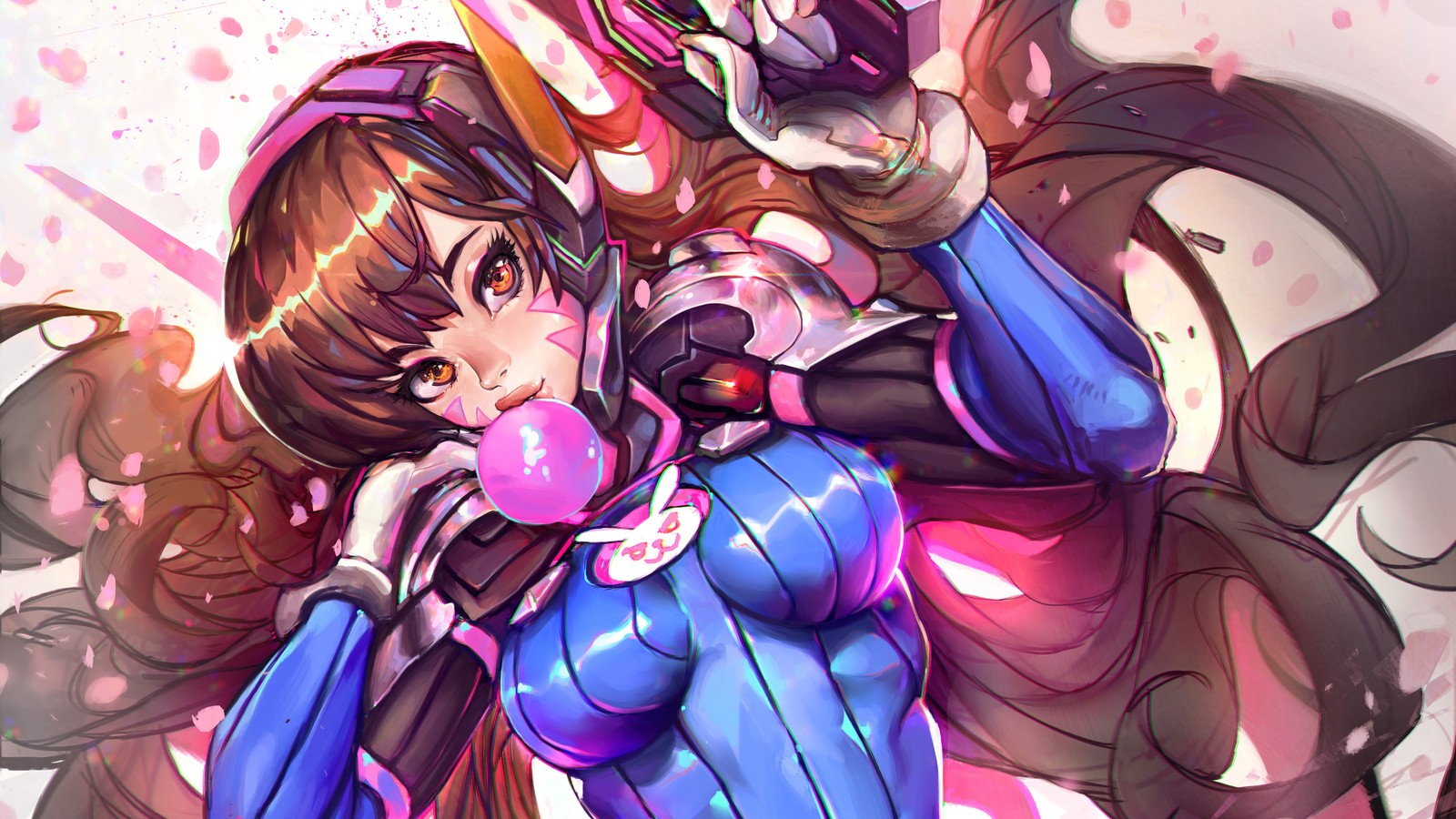 Anime girl with a pink and blue outfit holding a pink object (dva, overwatch, video game)