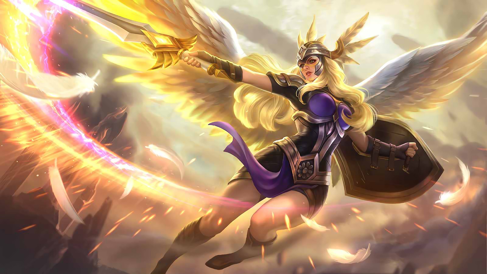 Une femme avec une épée et des ailes volant dans les airs (freya, mobile legends, jeu vidéo)