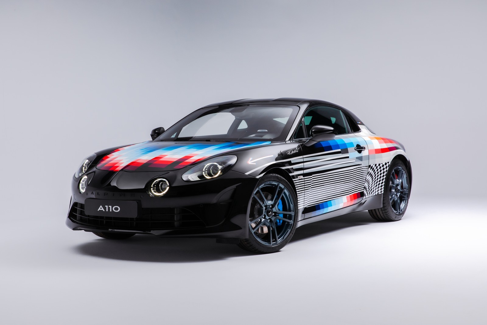 A close up of a car with a red, white and blue stripe on it (alpine a110 x felipe pantone, art car, 2021, 5k, white background)