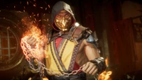 Escorpión de Mortal Kombat 11 empuñando cadenas y rodeado de llamas.