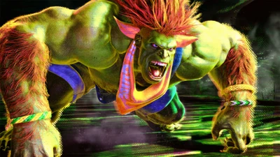 Blanka from Street Fighter 6 unleashes his primal power in an electrifying stance.