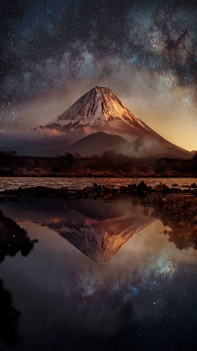 Majestuosa montaña bajo un cielo estrellado al anochecer