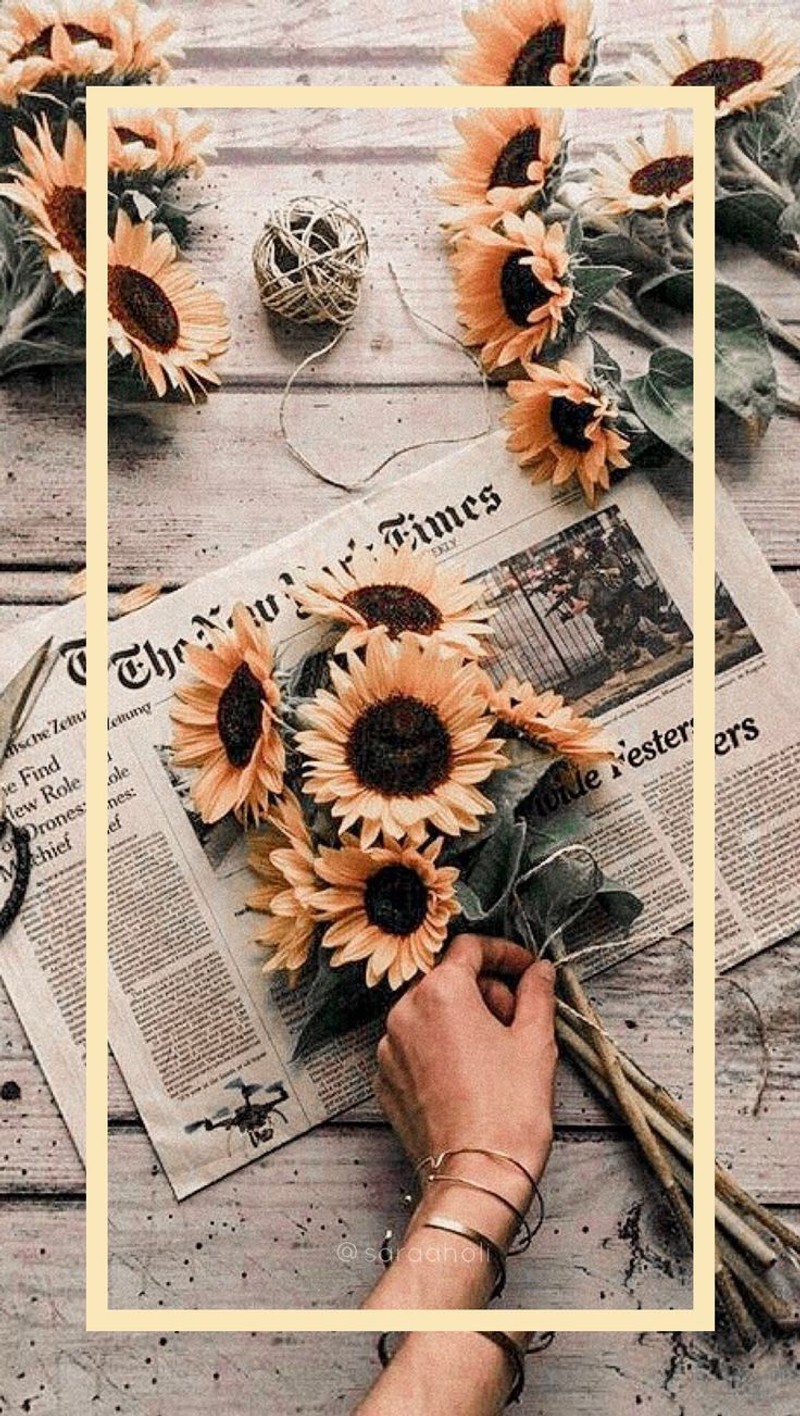 Человек держит букет подсолнухов на столе (sunflower wallpaper, подсолнух, эстетика, желтый, цветок)