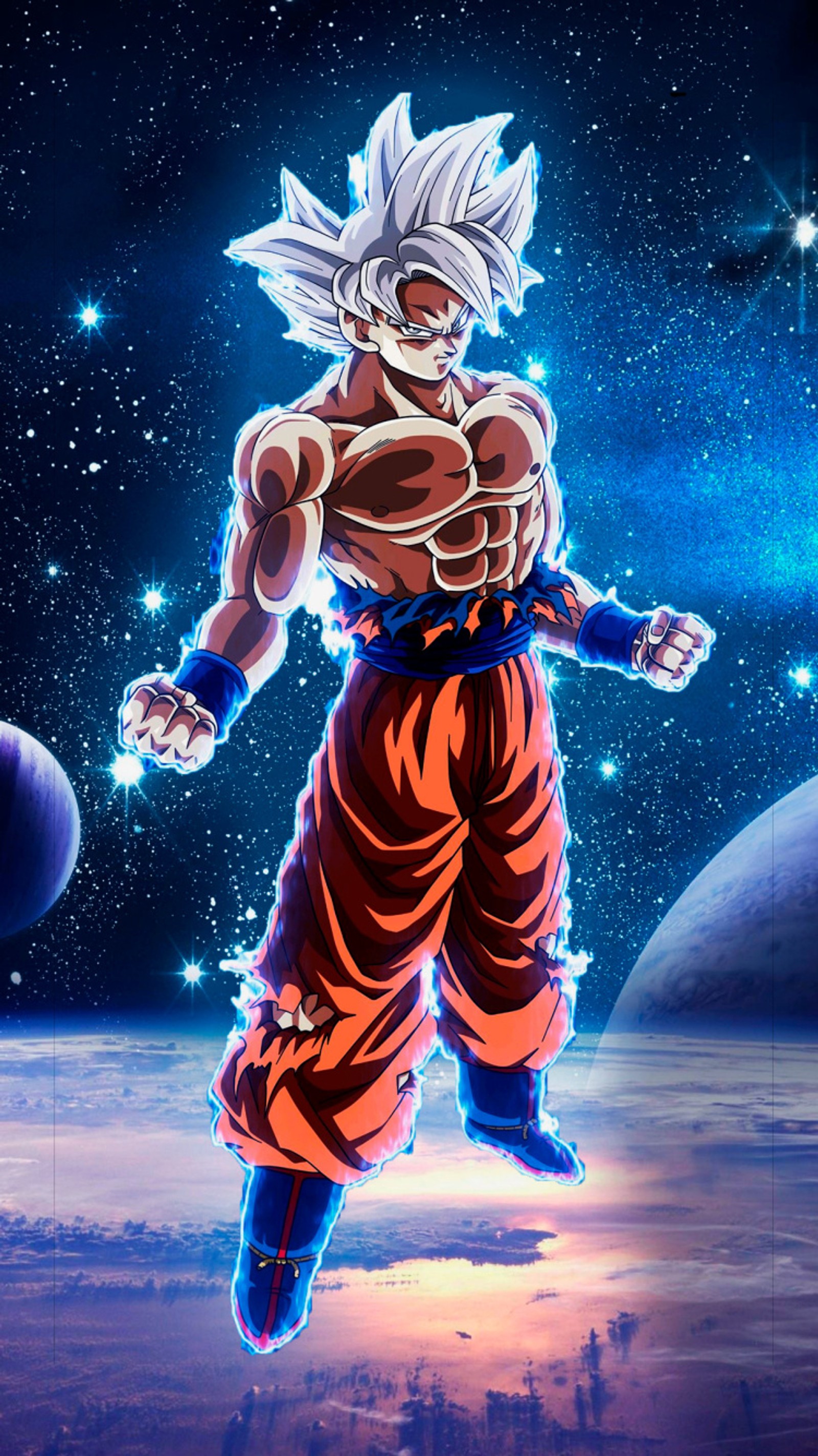 Un gros plan d'un personnage de dessin animé dans un cadre spatial (anime, dbs, goku)