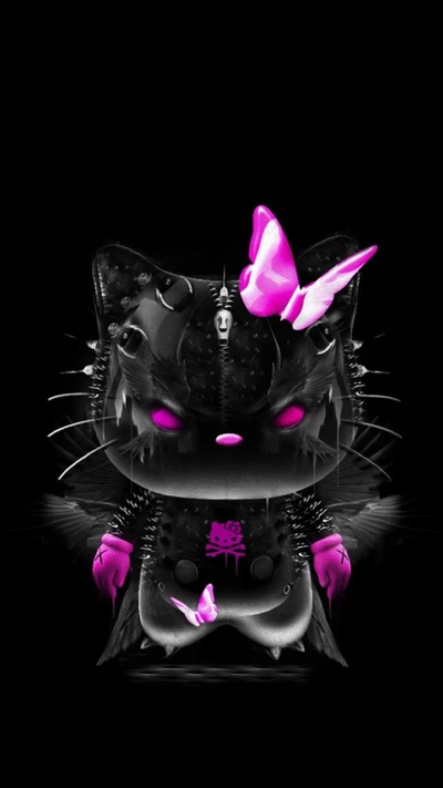 A dark, stylized cat character adorned with spikes and vibrant pink butterflies, set against a black background.