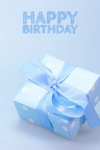 Happy Birthday Gift with Blue Polka Dots and Ribbon