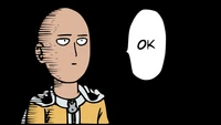 A minimalist anime character with a bald head and a blank expression, accompanied by the word "OK" in a speech bubble.