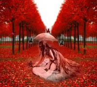 Alone in a Red Forest: A Sad Girl's Longing and Heartache