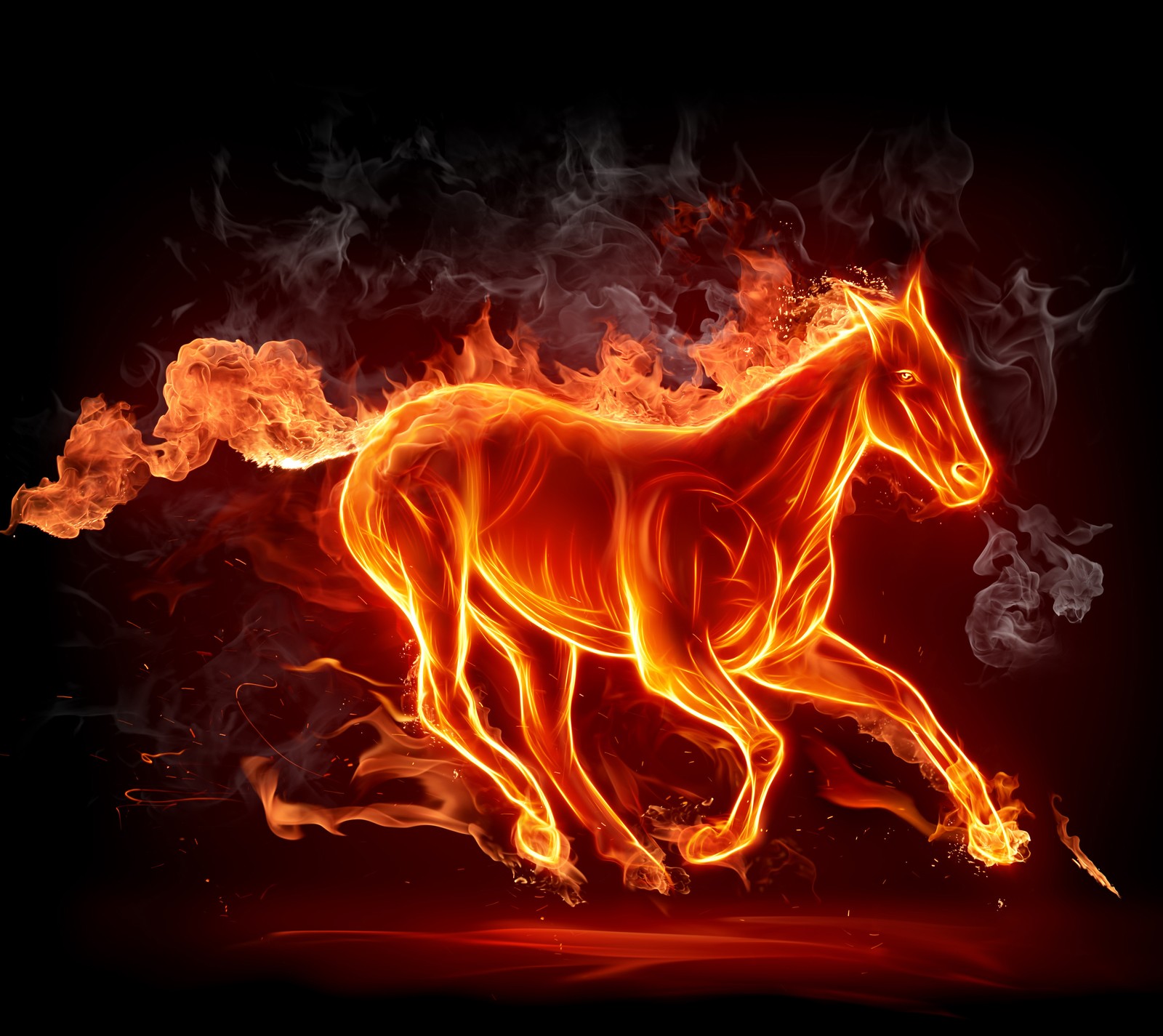 Una imagen estilizada de alguien corriendo a través del fuego sobre un fondo negro. (abstracto, fire horse, subbu)