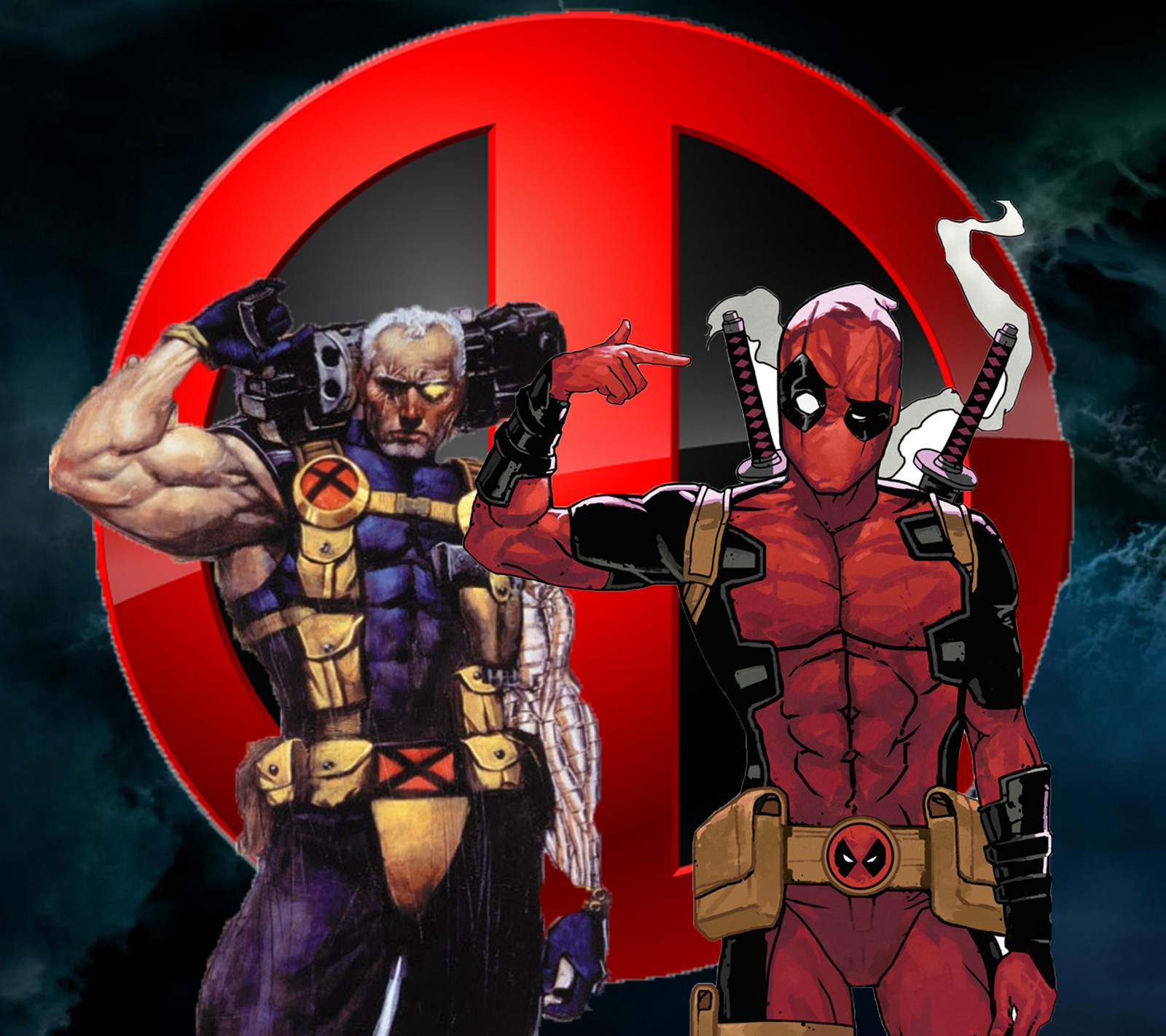 Deadpool e cable estão em pé na frente de um círculo vermelho (dead pool and cable, marvel, two angry)