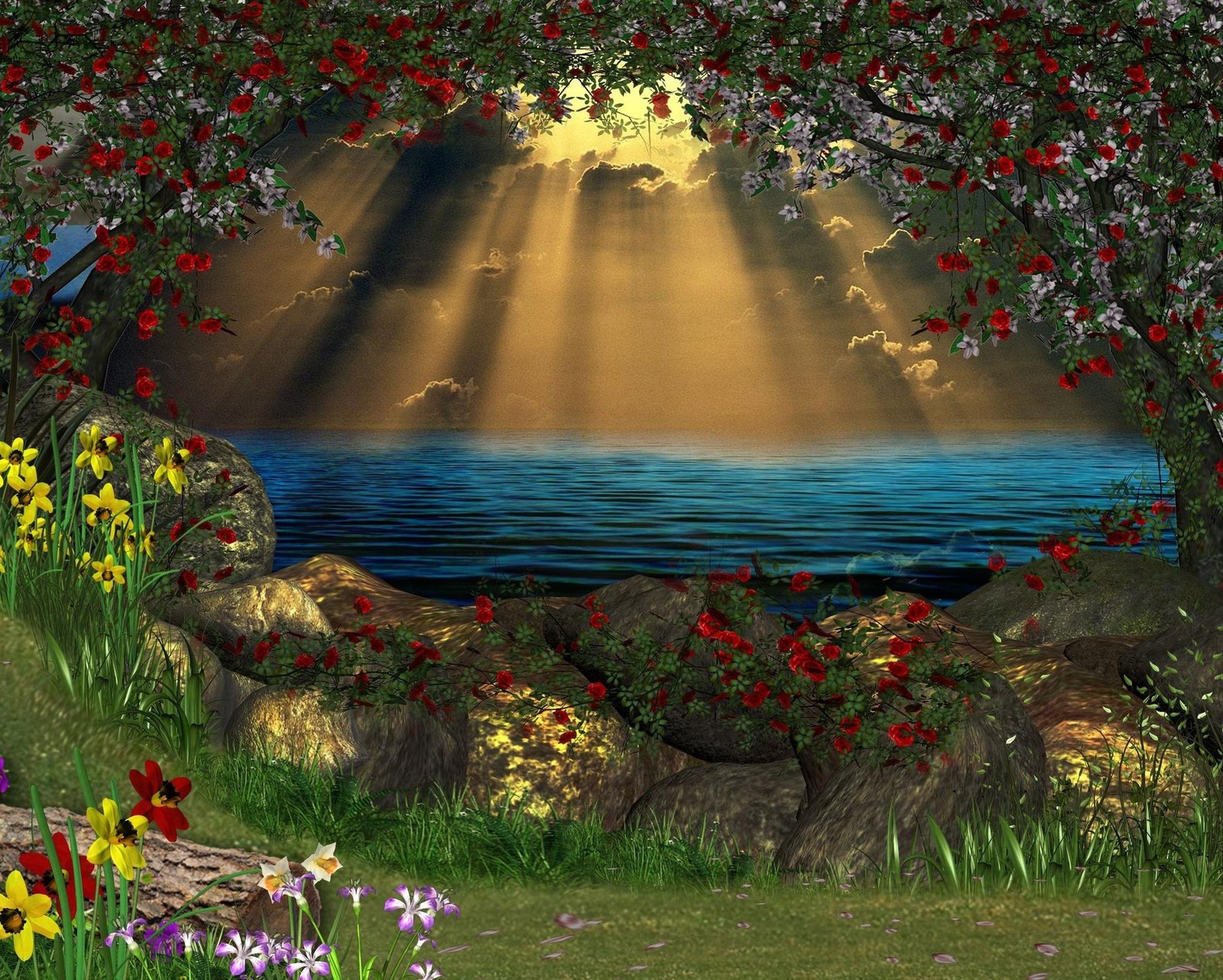 A 3d illustration of a beautiful garden with flowers and a lake (flowers, forest, sea, stone, sunshine)