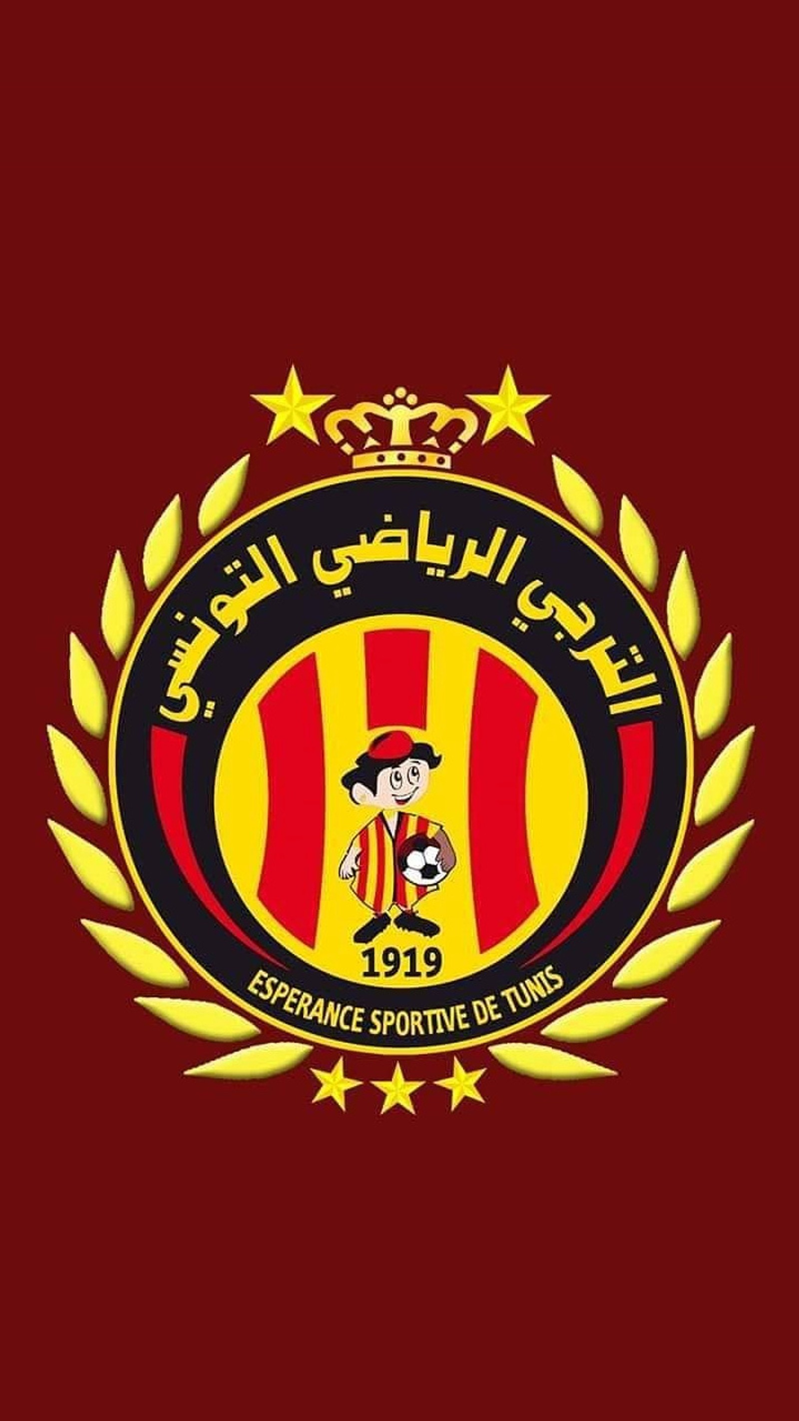 Un logo rouge et jaune avec un personnage de dessin animé dessus (afrique, caf, club, curva sud, espérance de tunis)