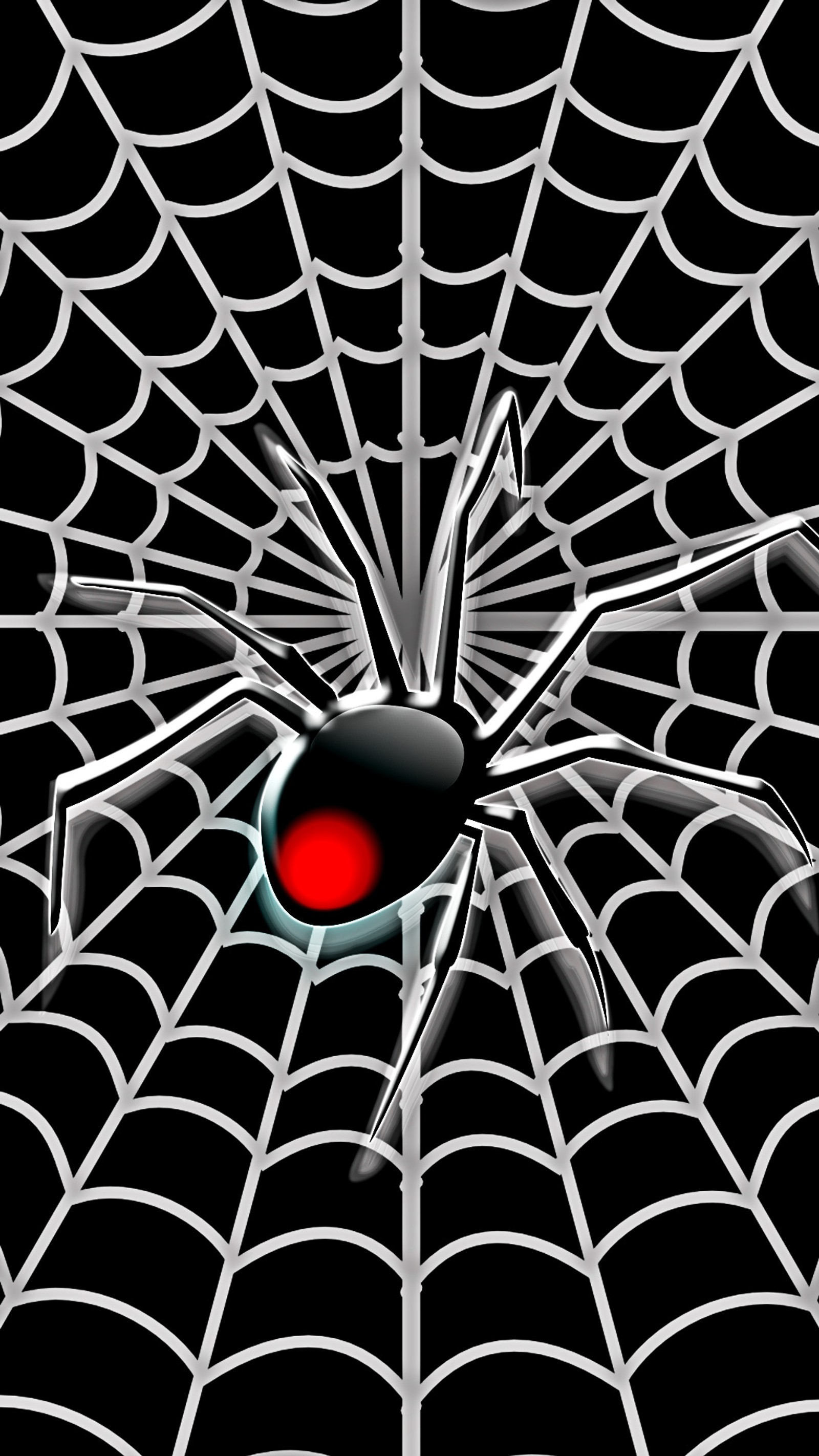 Teia de aranha com olho vermelho no centro de um fundo preto (6 plus, viúva negra, black widow)