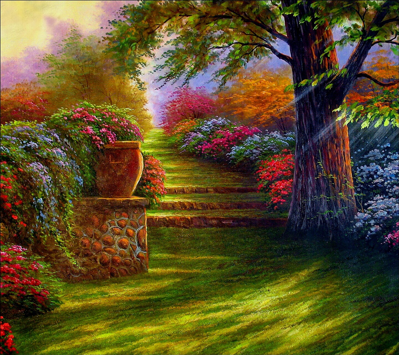 Peinture d'un jardin avec un mur en pierre et un arbre (fleurs, jardin)