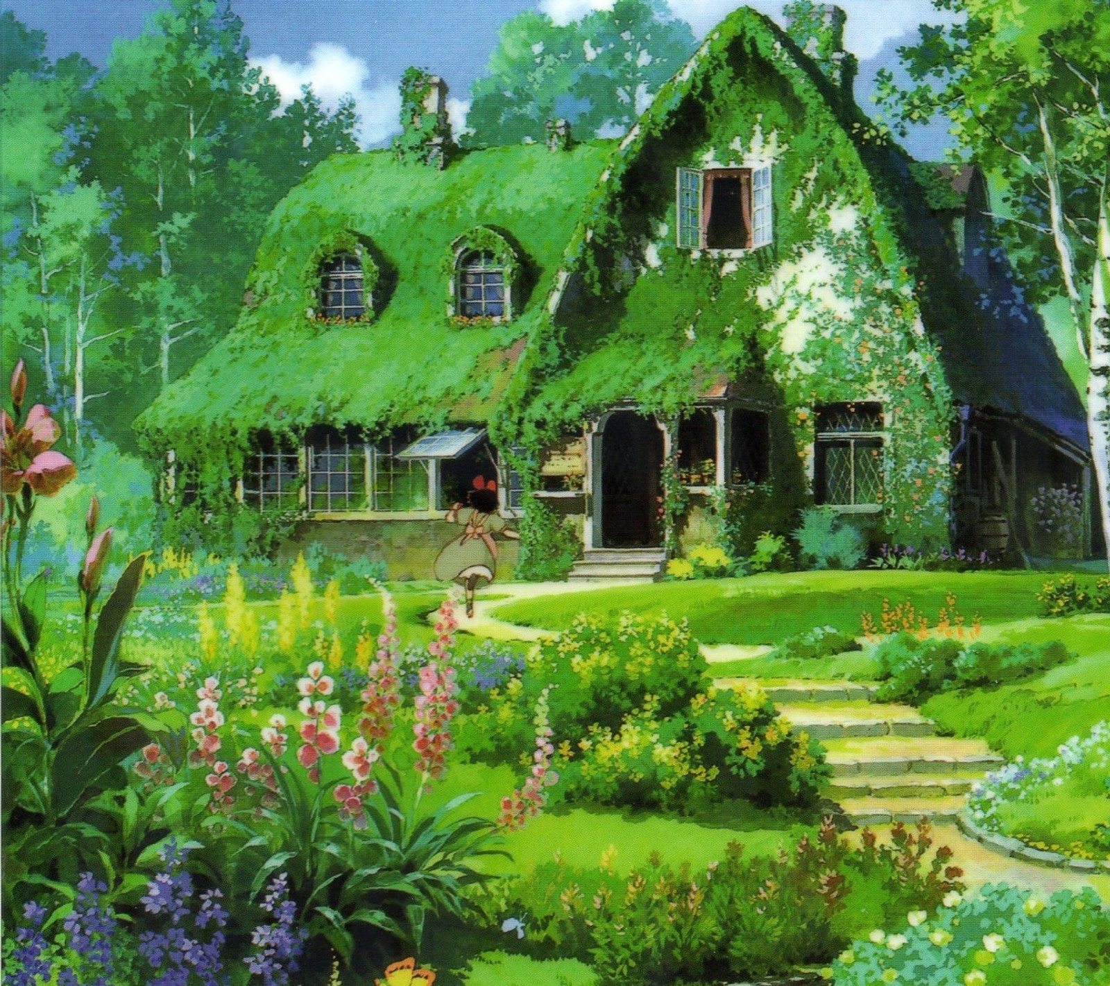 A painting of a house with a green roof and a garden (n ew, nice)