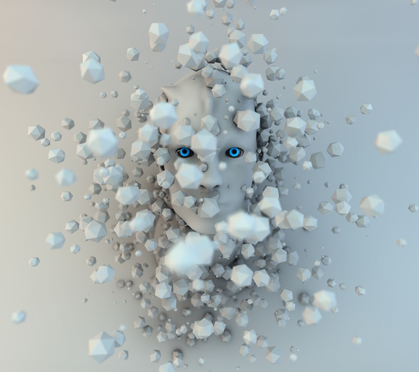 Arafed image of a white cat with blue eyes surrounded by cubes (3d, blue, eye, face, mask)