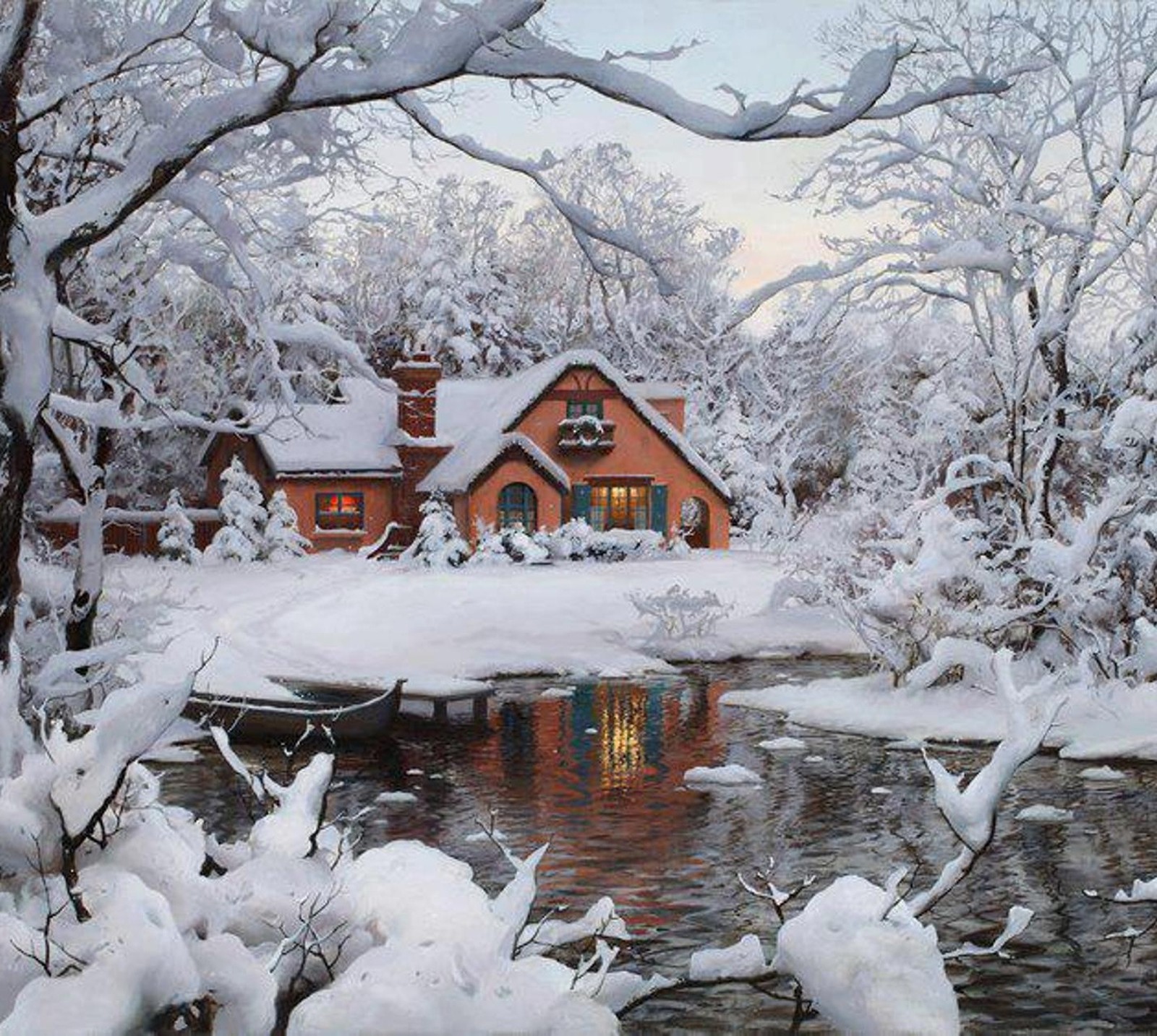 Scène enneigée d'une maison et d'un étang dans une zone boisée (beauté, rêve, maison, nature, blanc)