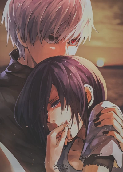 Étreinte Intime au Coucher de Soleil : Kaneki et Touka de Tokyo Ghoul