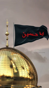 Visualización 3D de la cúpula dorada y la bandera negra de Ya Hussein en Kerbala