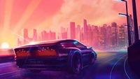 Carro futurista dirigindo por uma paisagem urbana neon ao pôr do sol