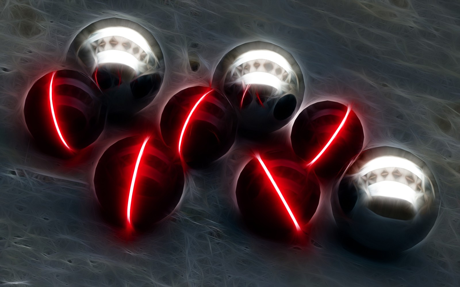 Four shiny balls with red lights are on a marble surface (light, lighting, ball, sphere, red)