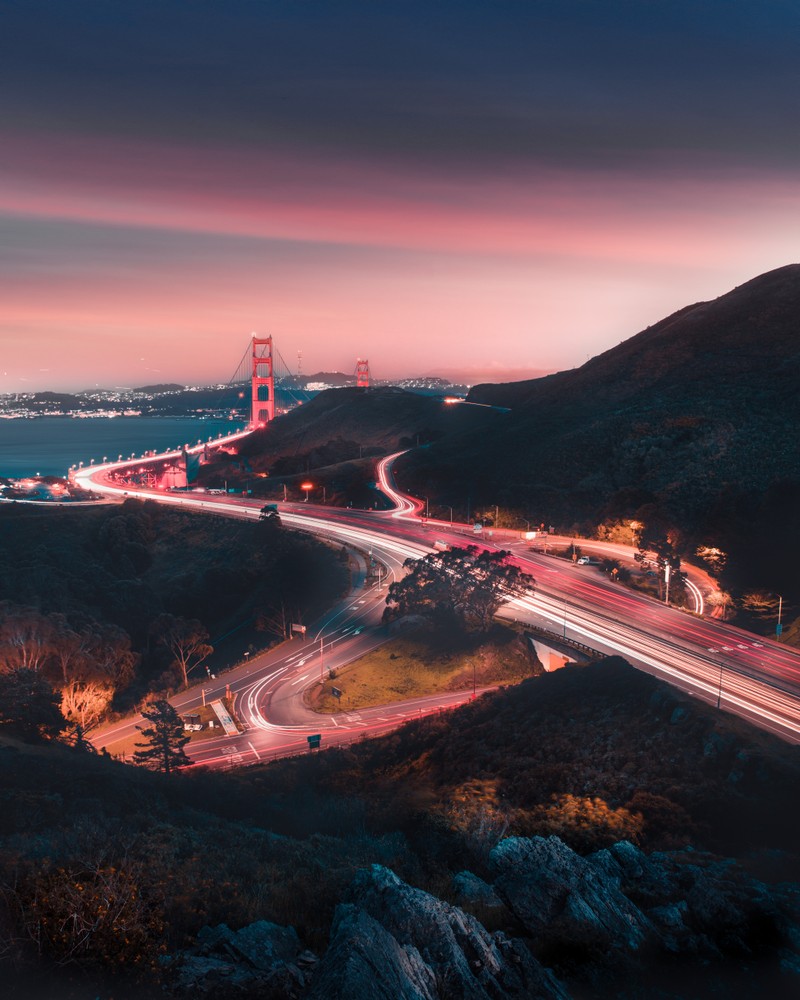 Обзор моста и шоссе на закате (мост золотые ворота, golden gate bridge, закат, трафик, сан франциско)