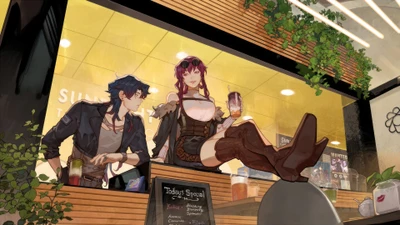 Blade and Kafka at the Sunlit Café - Honkai Star Rail