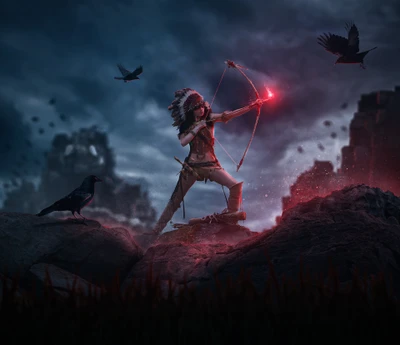 Native American Archer with Bow and Crows in Dramatic Landscape