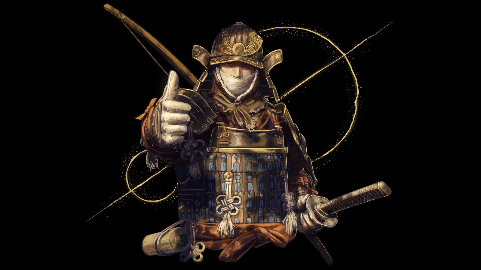 A close up of a person in a costume holding a sword (elden ring, video game, samurai)