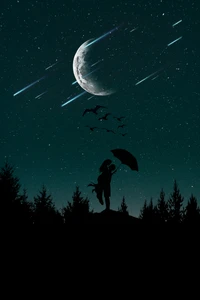 Romantic Silhouette Under a Crescent Moon with Shooting Stars