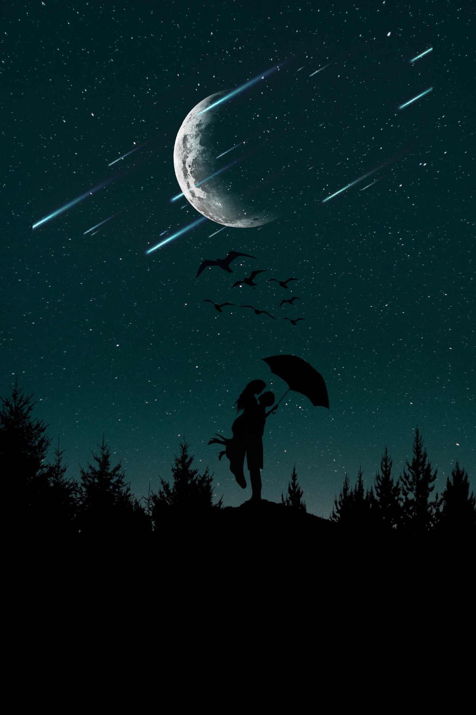 Descargar fondo de pantalla luna, silueta, romance, noche, creciente