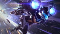 Champion futuriste de League of Legends dans une bataille cosmique avec un éclairage violet dynamique