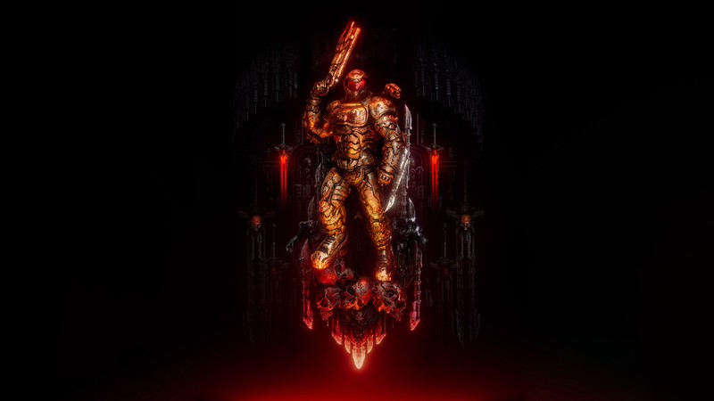 Мужчина с мечом стоит на красном свете (убийца демонов, черный фон, doom eternal, графика cgi, graphics cgi)