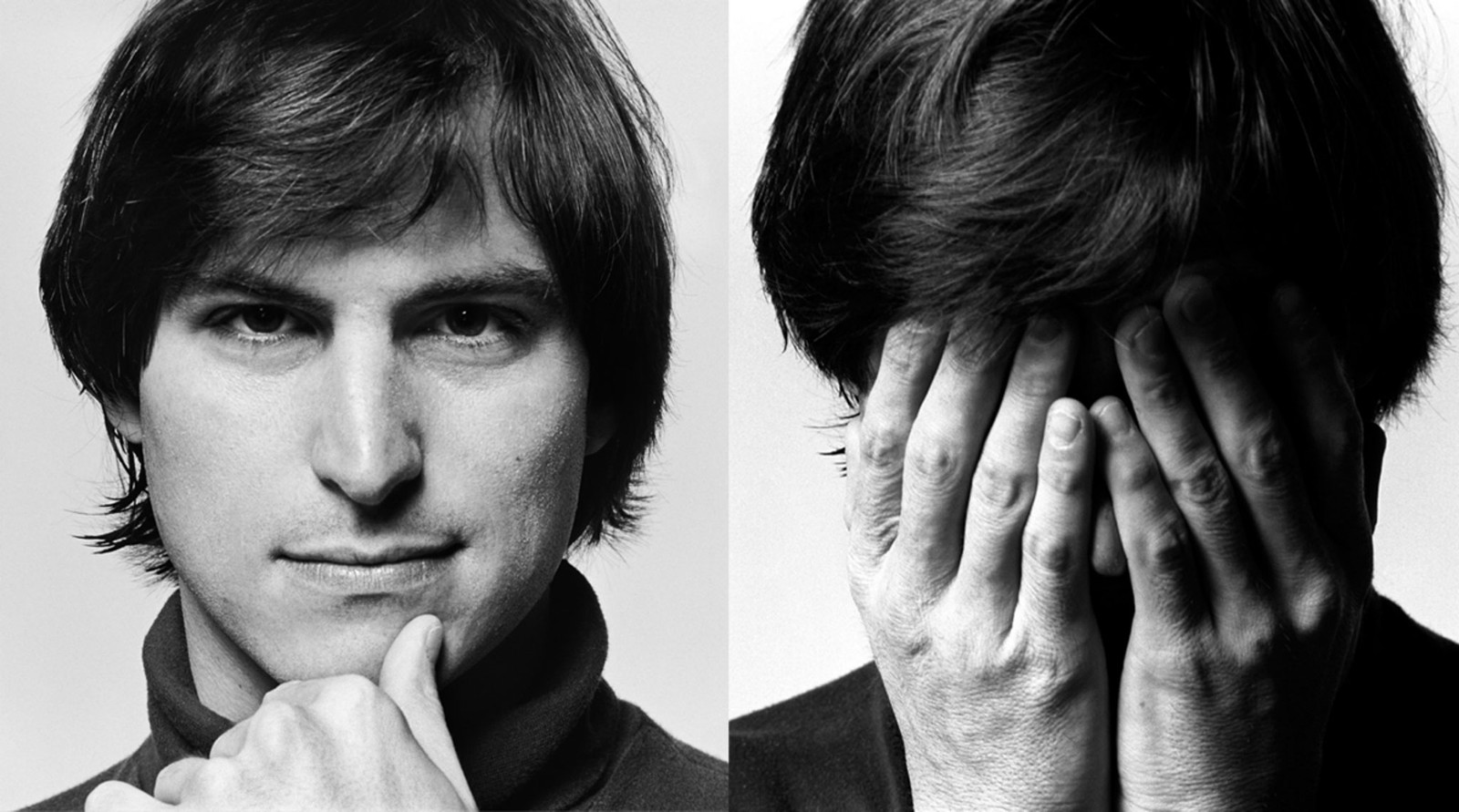 Une photo en noir et blanc de deux hommes avec les mains sur le visage (steve jobs, nez, sourcil, menton, joue)