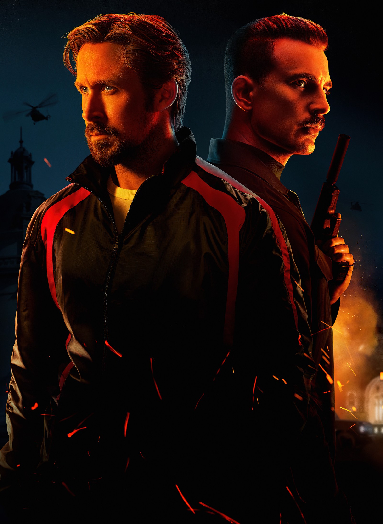 Arafed image of two men with guns in front of a city (the gray man, 2022 movies, ryan gosling, chris evans, lloyd hansen)