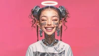 Fille anime souriante avec des tatouages cyberpunk et un halo