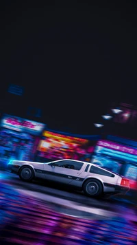 DeLorean iluminado por néon em uma paisagem urbana synthwave