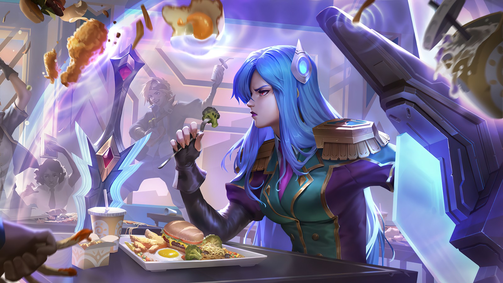 A close up of a person sitting at a table with food (battle academia, leona, level lvl 1, legends of runeterra, lor)