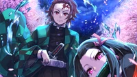 Tanjiro und Nezuko Kamado aus "Demon Slayer: Kimetsu no Yaiba" umgeben von einer mystischen Unterwasserumgebung.