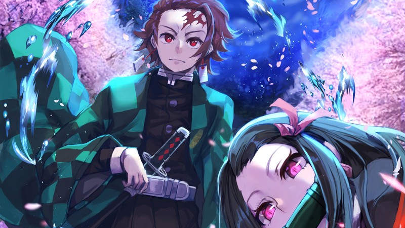 Аниме персонажи в лесу с сакурой (tanjiro kamado, tanjirou kamado, nezuko kamado, kimetsu no yaiba, убийца демонов кимэцу но яиба)