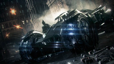 Batman in the Batmobile, poised in a rain-soaked Gotham City, ready for action under a dark and atmospheric sky.