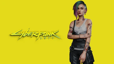 Judy Alvarez from Cyberpunk 2077 against a vibrant yellow backdrop