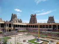 Ancient Hindu Temple Complex with Intricate Towers and Sacred Plaza