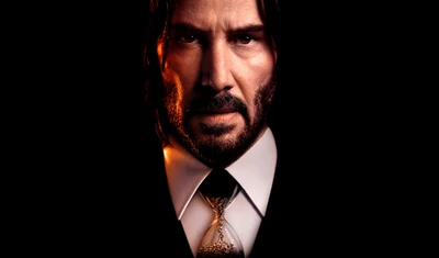 Keanu Reeves como John Wick: Olhar intenso contra um fundo escuro