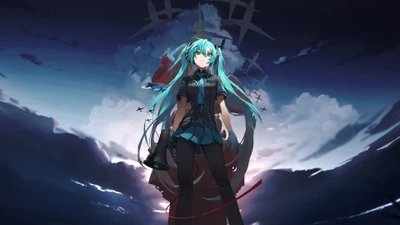 Hatsune Miku en un escenario dramático de anime con temática de guerra, con un impresionante fondo de nubes y siluetas.