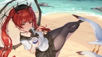 Fille d'anime se relaxant sur la plage avec une boisson