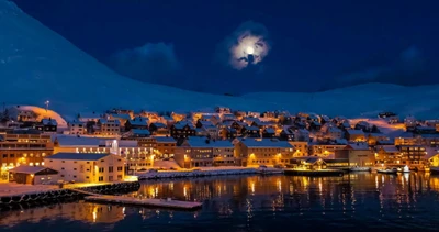 turismo, aerolínea, paisaje urbano, noche, fiordo