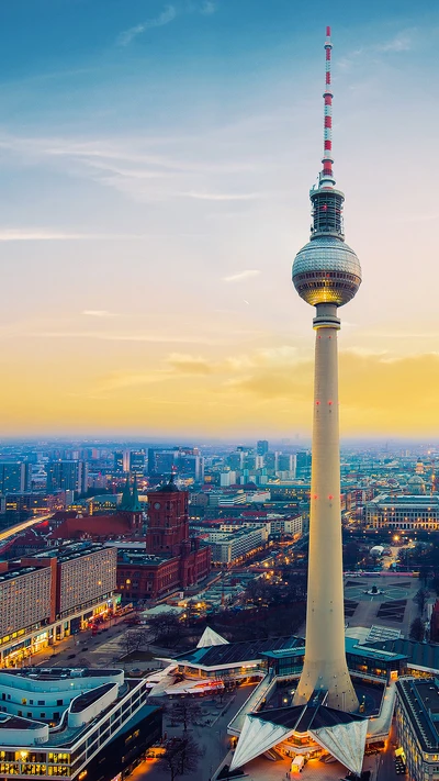 Fernsehturm Berlin mit Blick auf eine pulsierende städtische Landschaft am Tag