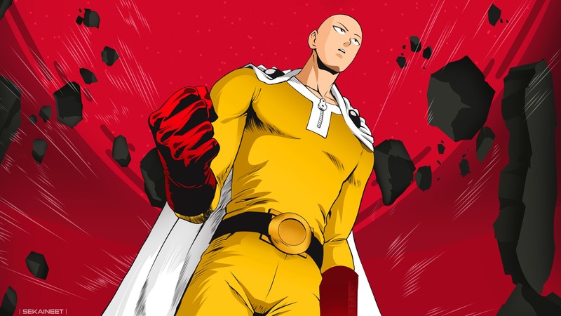 Мультфильм о человеке в желтой одежде с рюкзаком (сайтама, saitama, one punch man, аниме, anime)